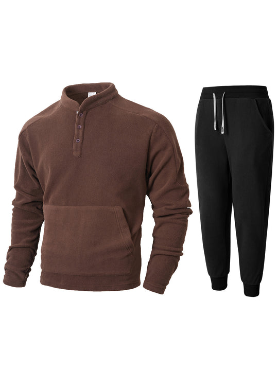 Herren kuscheliges Fleece- Trainingsanzug-Set mit Knopfleiste und praktischen Taschen Heidi-Mode