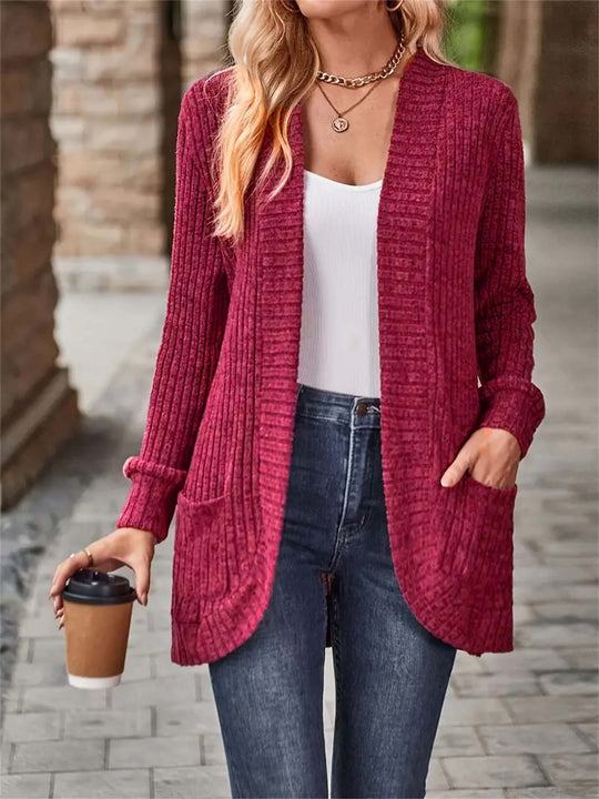 Damen offene Strickjacke mit strukturierter Oberfläche und praktischen Taschen Heidi-Mode