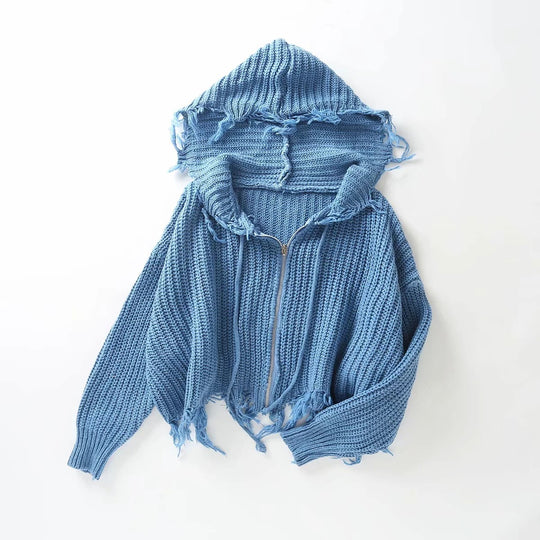 Damen lockerer Strickhoodie mit Übergroßer Kapuze und Fransen Heidi-Mode