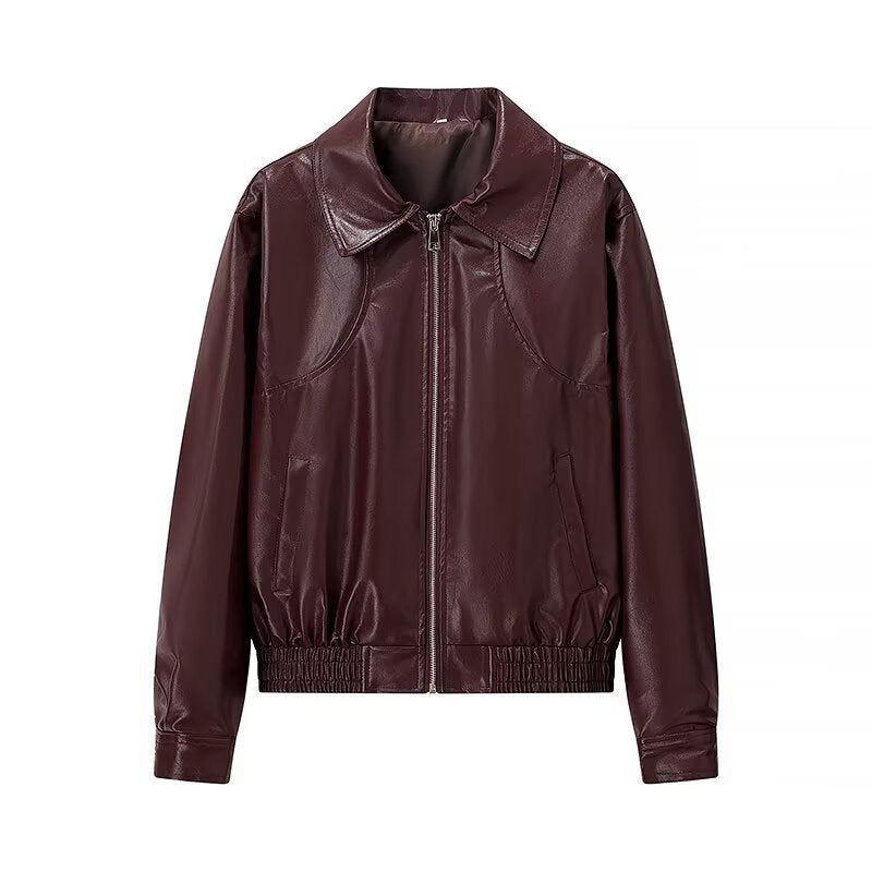 Damen Kunstlederjacke mit stylischem Kragen und elastischen Bündchen Heidi-Mode
