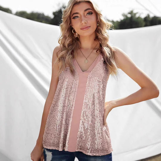 Damen Pailletten Oberteil mit V-Ausschnitt und elegantem Schnitt Heidi-Mode