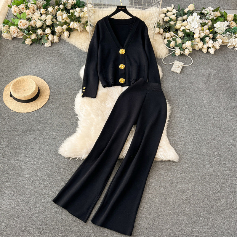 Damen elegantes Strick-Loungewear-Set mit dekorativen Knöpfen und weitem Bein Heidi-Mode