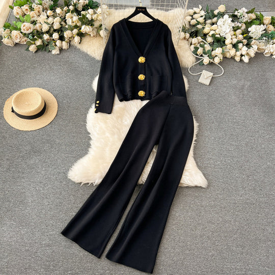 Damen elegantes Strick-Loungewear-Set mit dekorativen Knöpfen und weitem Bein Heidi-Mode