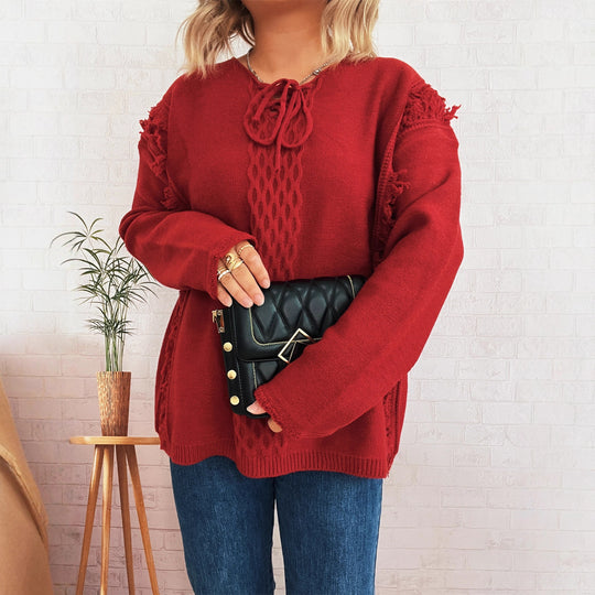 Damen Oversize-Strickpullover mit verspieltem Fransen-Design und Zopfmuster Heidi-Mode