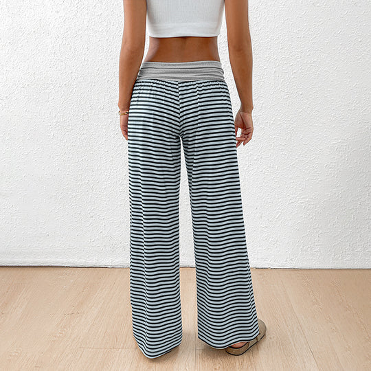 Damen weite gestreifte Freizeithose mit hohem Bund und elastischem Taillenbund Heidi-Mode