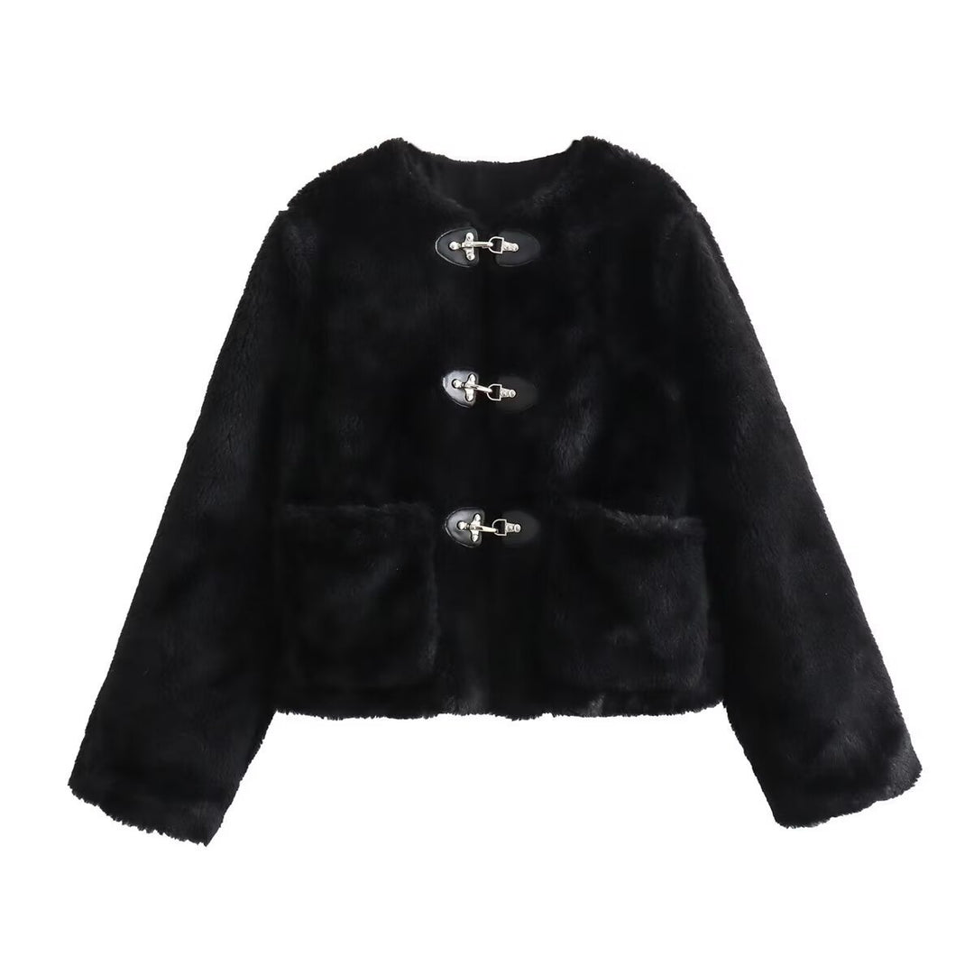 Damen modische Teddyjacke mit vintage Knopfdetails und aufgesetzten Taschen Heidi-Mode