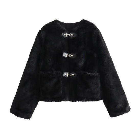 Damen modische Teddyjacke mit vintage Knopfdetails und aufgesetzten Taschen Heidi-Mode