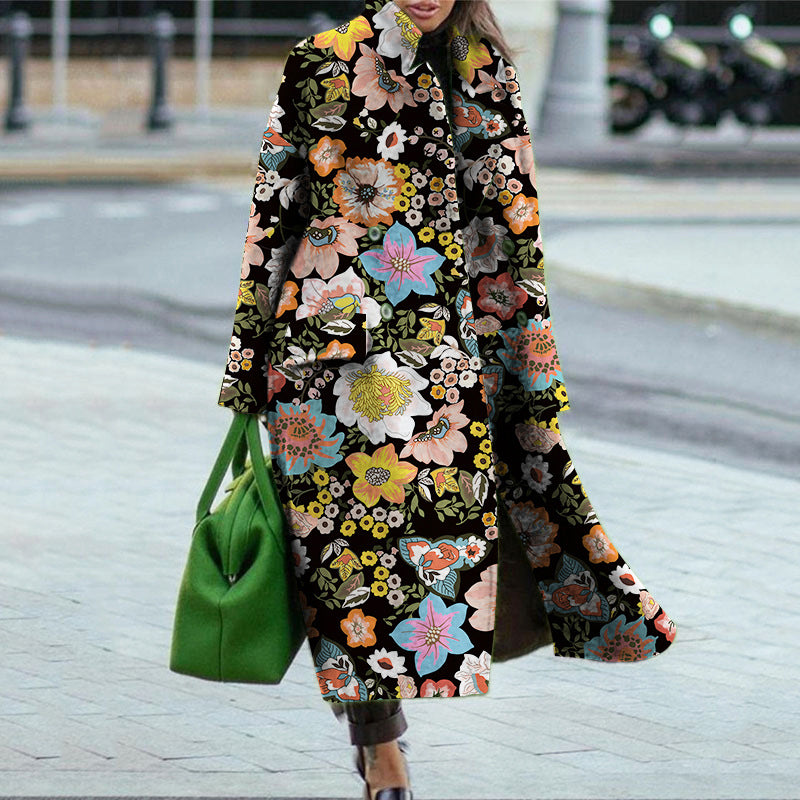 Damen Blumenmuster Maxi-Mantel mit elegantem Reverskragen und schwingendem Saum Heidi-Mode