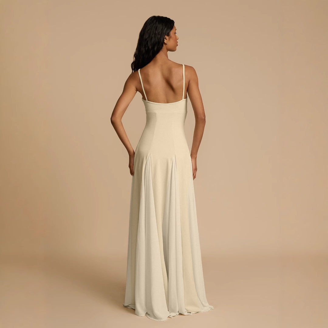 Damen Elegantes Maxikleid mit kontrastrierenden Stoffbahnen und schmalen Trägern Heidi-Mode