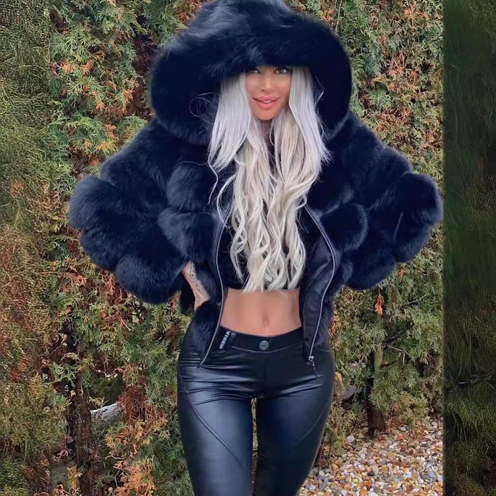 Damen Sportliche Kunstpelzjacke mit Kapuze Heidi-Mode