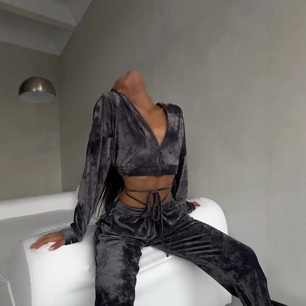 Damen Sportliches Fleece Lounge-Set mit Kapuze und elastischem Bund Heidi-Mode