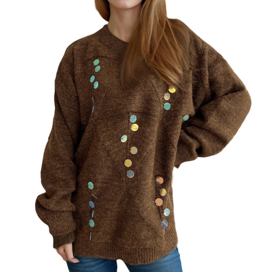 Damen lässiger Pullover mit dekorativen Pailletten und strukturiertem Maschenmuster Heidi-Mode