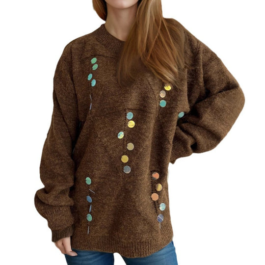 Damen lässiger Pullover mit dekorativen Pailletten und strukturiertem Maschenmuster Heidi-Mode