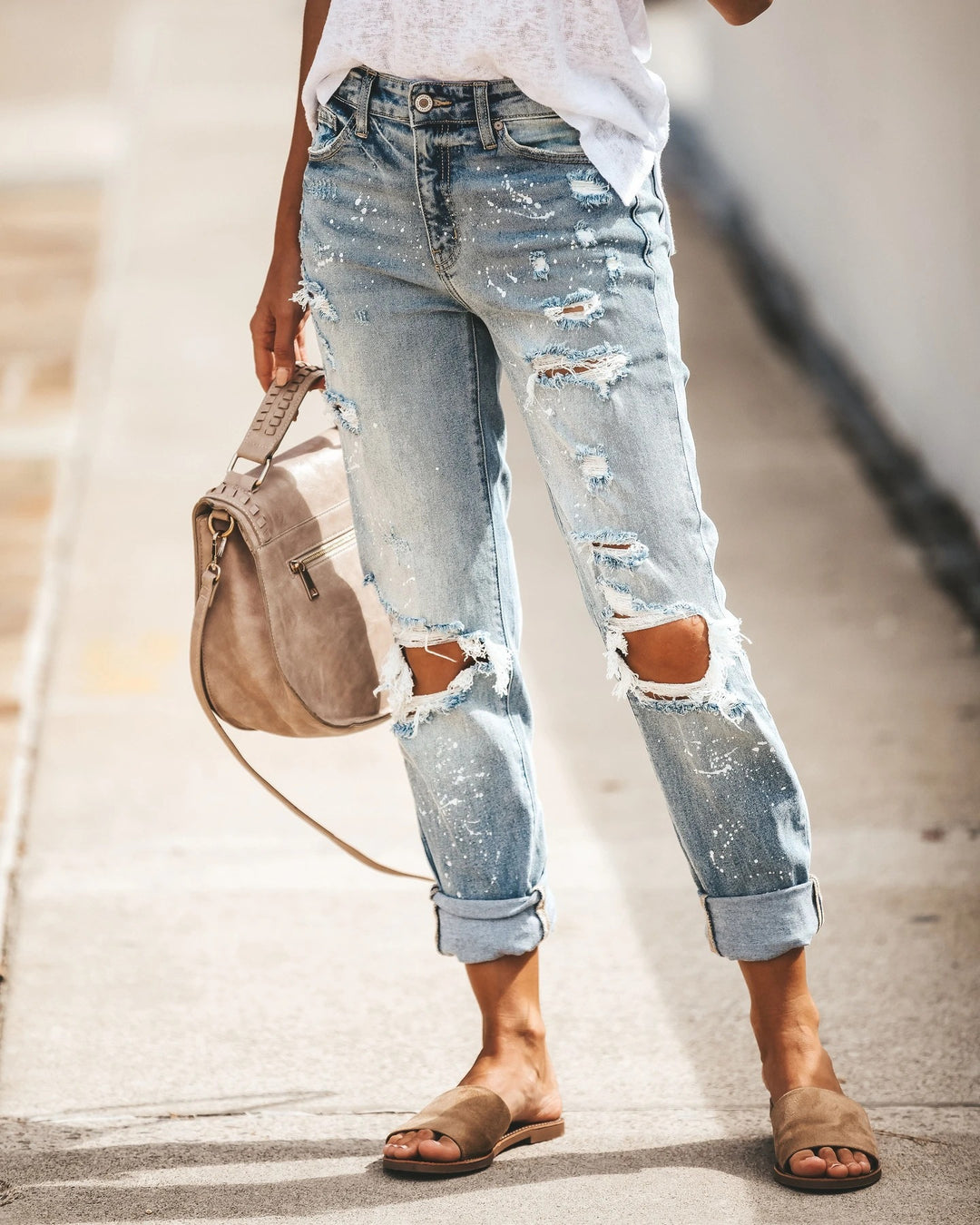 Damen Destroyed Boyfriend Jeans mit lässigen Details Heidi-Mode