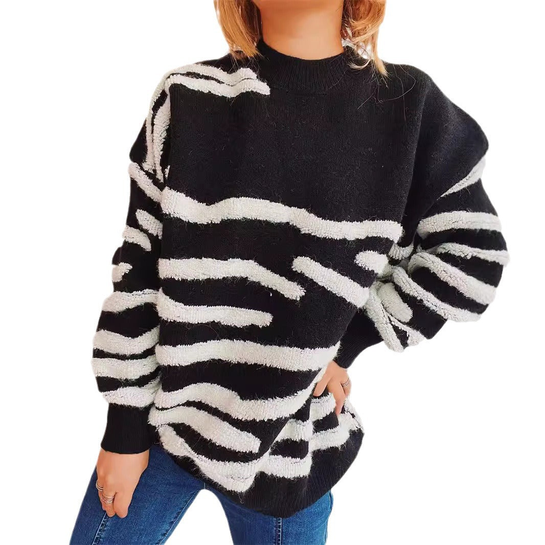 Damen lässiger Strickpullover mit modernem Zebrastreifenmuster Heidi-Mode