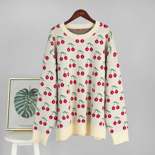 Damen Kuscheliger Strickpulli mit Kirschenmuster Heidi-Mode