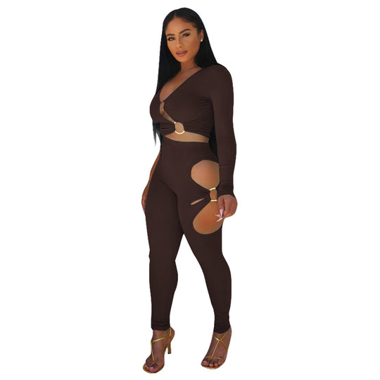 Damen Cut-Out Jumpsuit mit schimmerndem Design und langem Arm Heidi-Mode