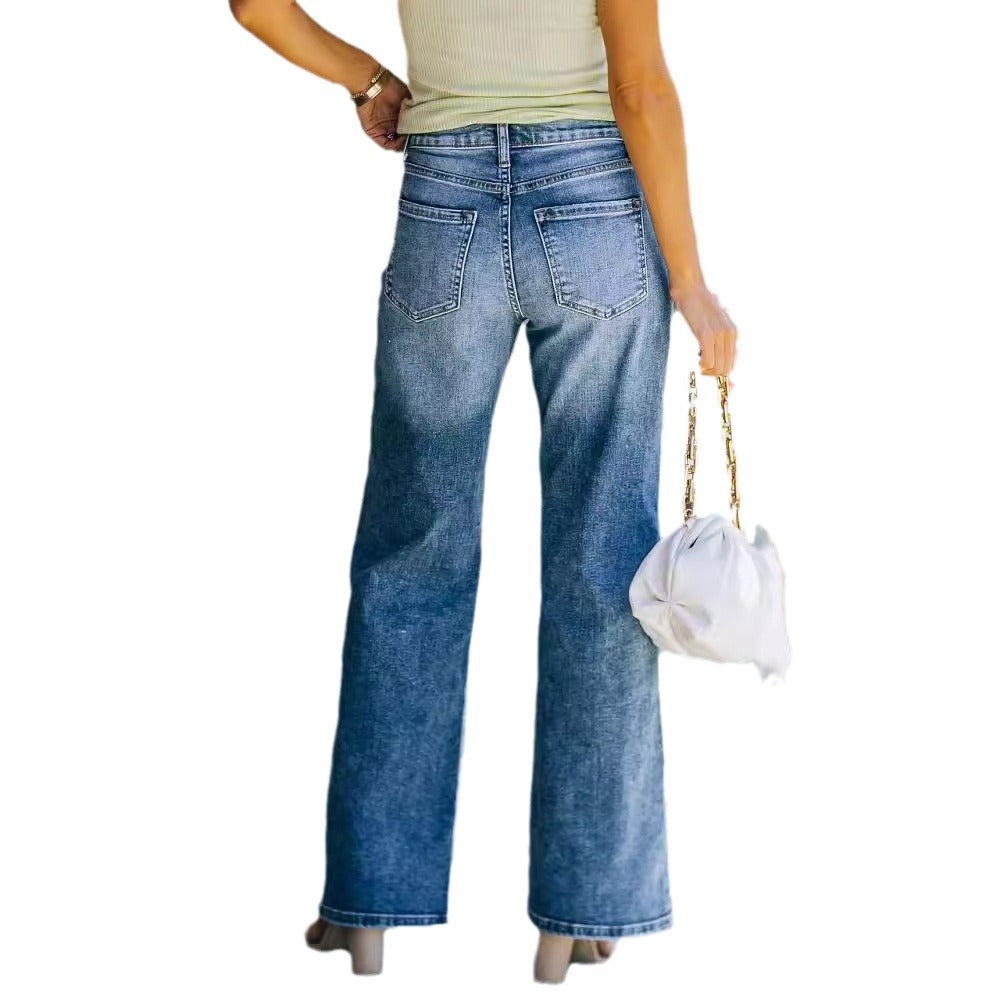 Damen Weit geschnittene Jeanshose mit hohem Bund und dezenten Waschungen Heidi-Mode