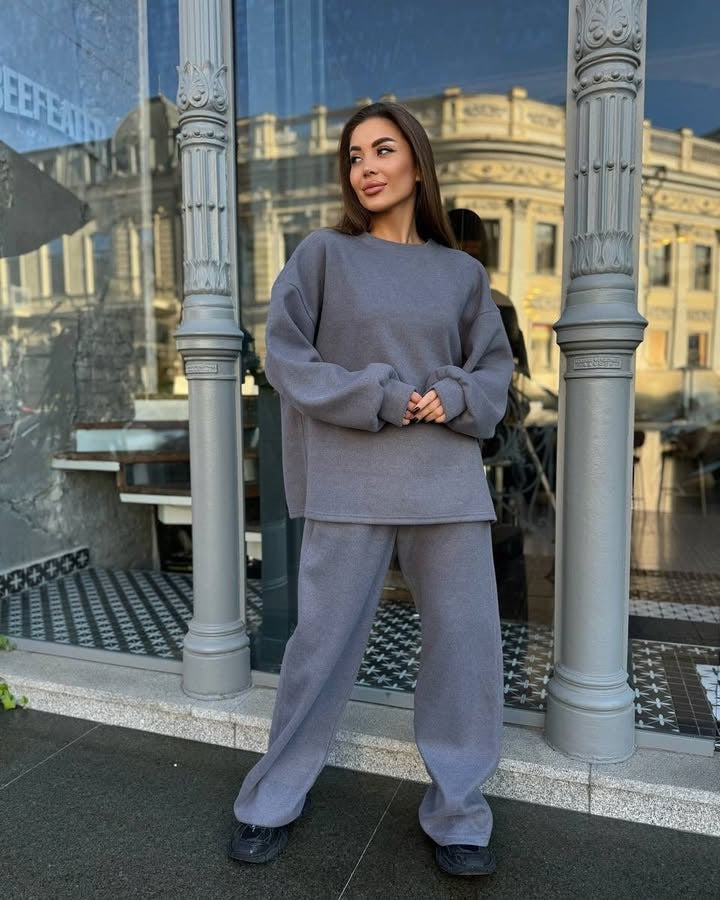 Damen lässiges Fleece-Loungewear-Set mit weichem Oversized-Pullover und bequemen Hosen Heidi-Mode