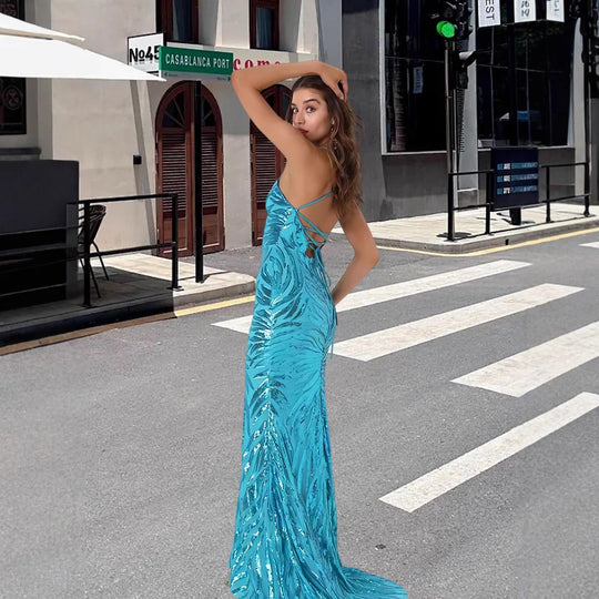 Damen Glamouröses Abendkleid mit funkelndem Paillettenmuster und V-Ausschnitt Heidi-Mode