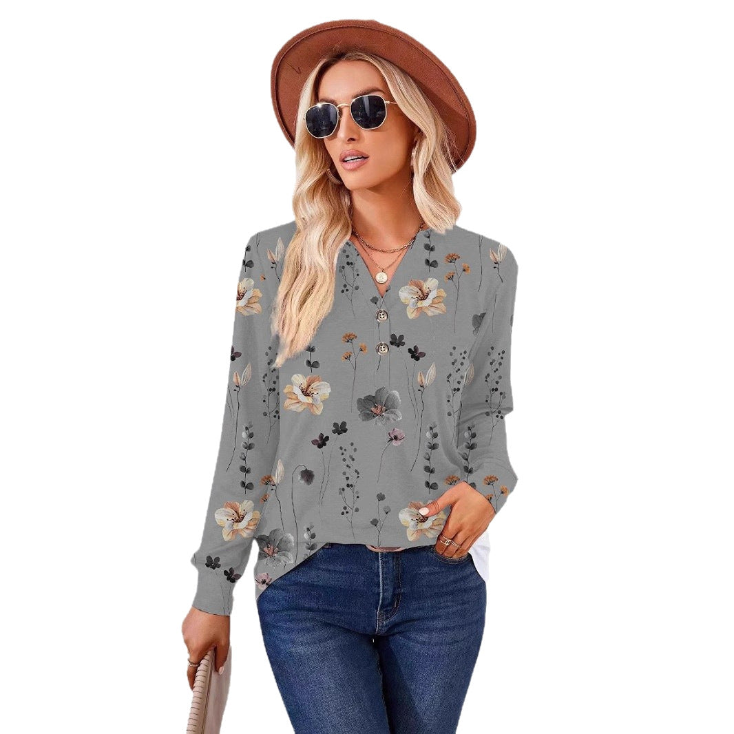 Damen Langarm-Bluse mit floralem Druck und Knopfleiste Heidi-Mode