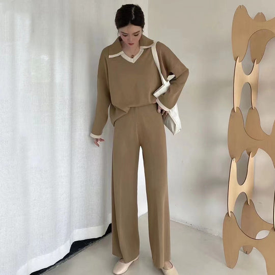 Damen elegantes und lässiges Strickensemble mit V-Ausschnitt und breitem Saum Heidi-Mode