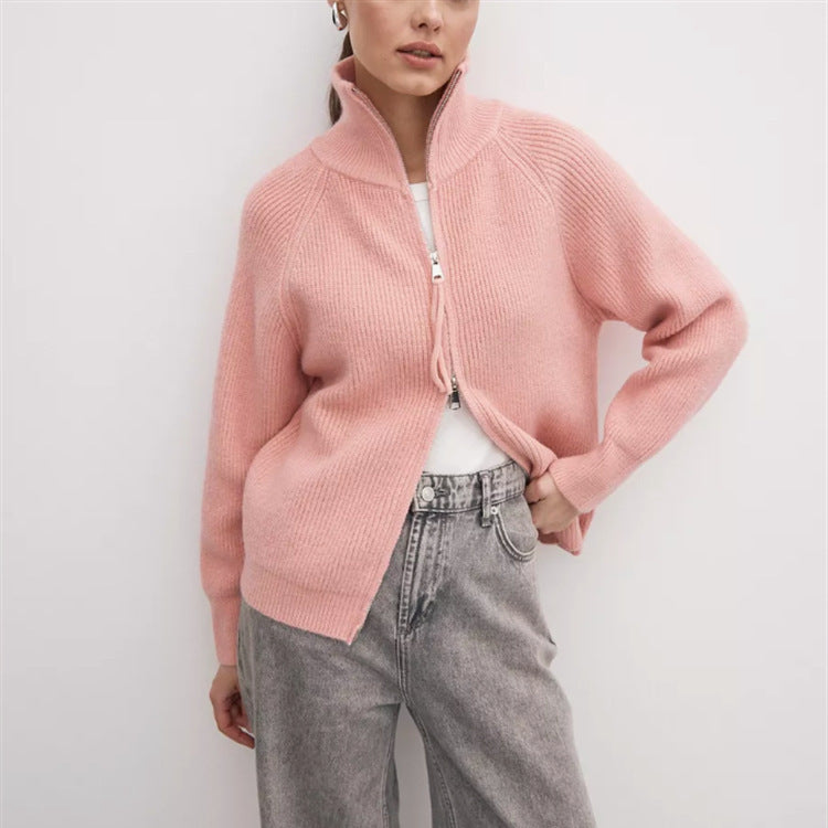 Damen Strickjacke mit hohem Kragen und Reißverschluss Heidi-Mode