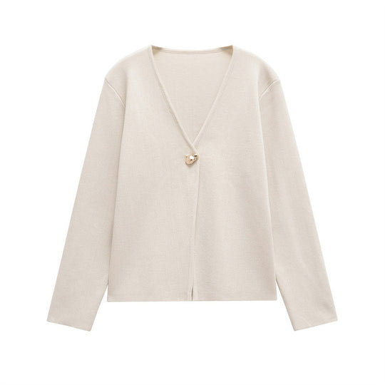 Damen schicke Strickjacke mit elegantem V-Ausschnitt und dekorativem Knopf Heidi-Mode