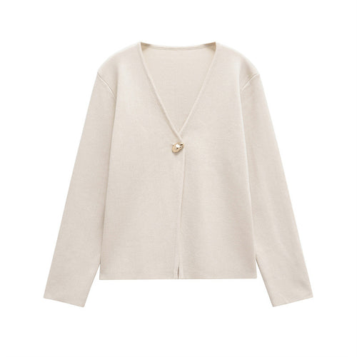 Damen schicke Strickjacke mit elegantem V-Ausschnitt und dekorativem Knopf Heidi-Mode