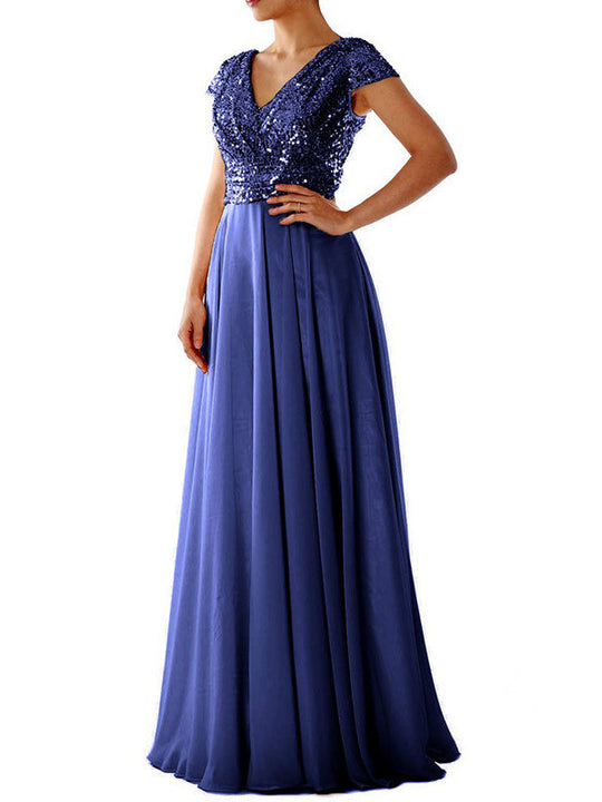 Heidi-Mode | Damen Kleider V-Ausschnitt Paillette Chiffon Paneel Maxi Kleid