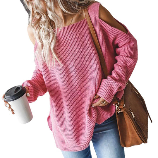Damen lässiger Strickpullover mit offenen Schultern und großzügigem Schnitt Heidi-Mode