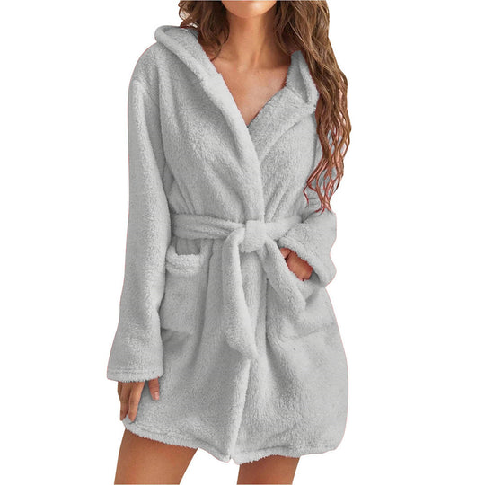 Damen Fleece Bademantel mit Kapuze und Gürtel Heidi-Mode