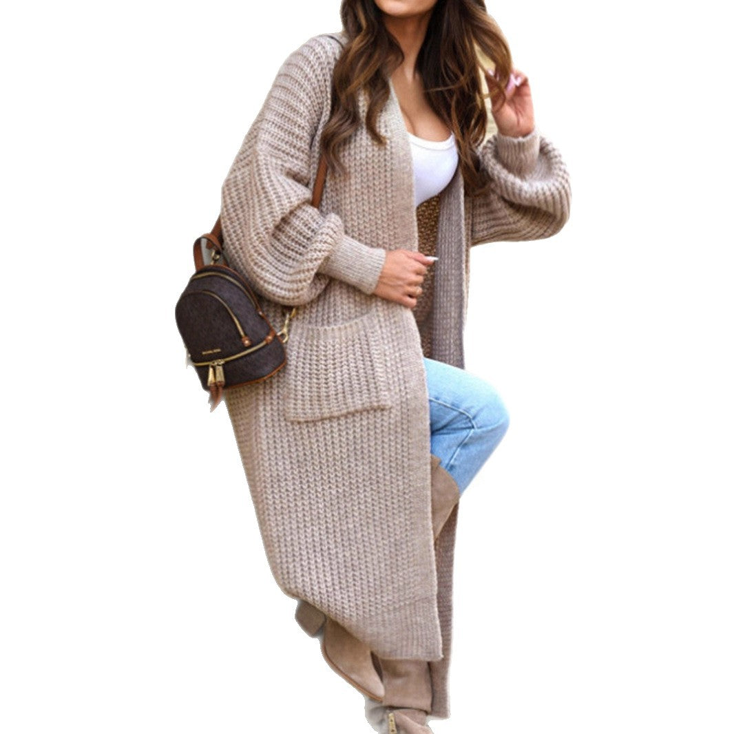 Damen Strickmantel mit Taschen und ballonförmigen Ärmeln Heidi-Mode