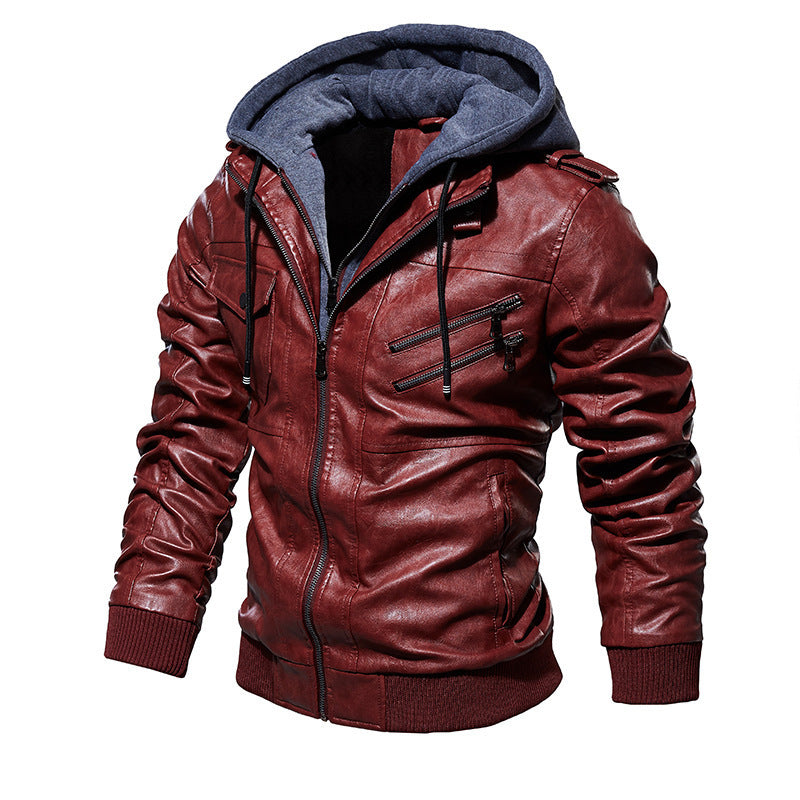 Herren lässige Kunstlederjacke mit abnehmbarer Kapuze und zahlreichen Taschen Heidi-Mode