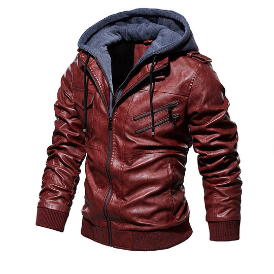 Herren lässige Kunstlederjacke mit abnehmbarer Kapuze und zahlreichen Taschen Heidi-Mode