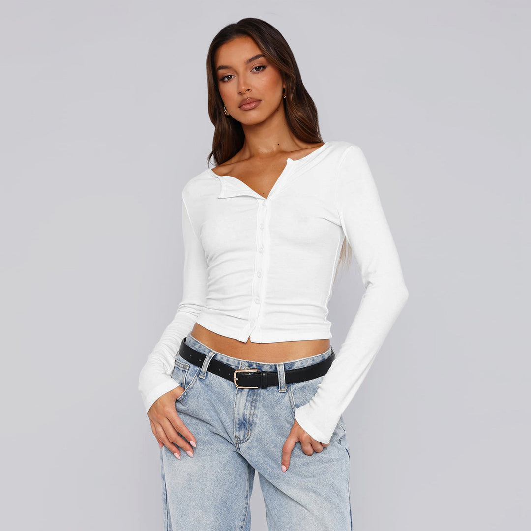 Damen figurbetontes Langarmshirt mit Knopfleiste Heidi-Mode
