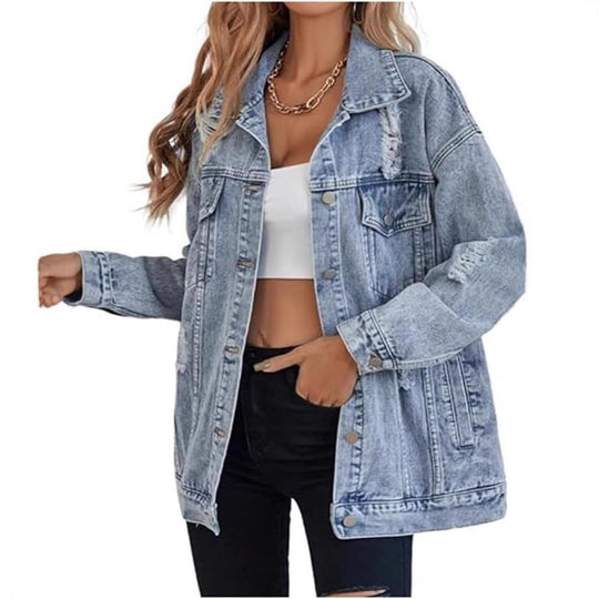 Damen lässige Oversized Jeansjacke mit distressed Details und hochwertigen Metallknöpfen Heidi-Mode