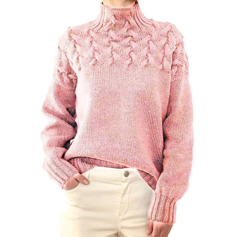 Damen Strickpullover mit hochgeschlossenem Kragen und trendigem Zopfmuster Heidi-Mode