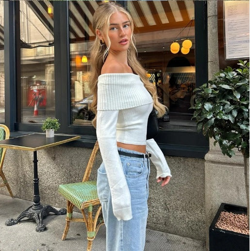 Damen Off-Shoulder Oberteil mit rippierter Struktur und figurbetonter Passform Heidi-Mode