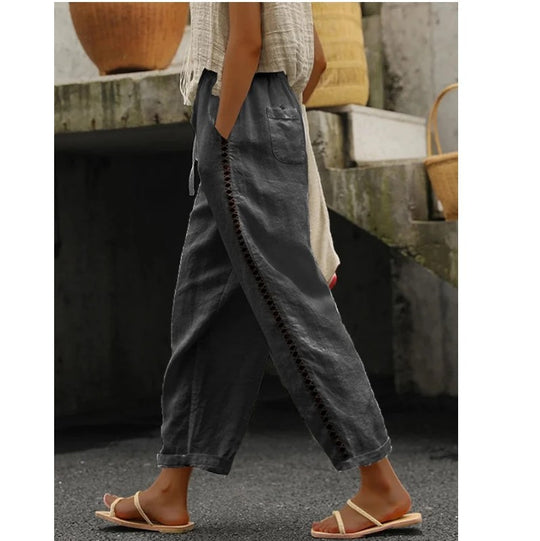 Damen Leichte Leinenhose mit seitlichen Knopfdetails Heidi-Mode