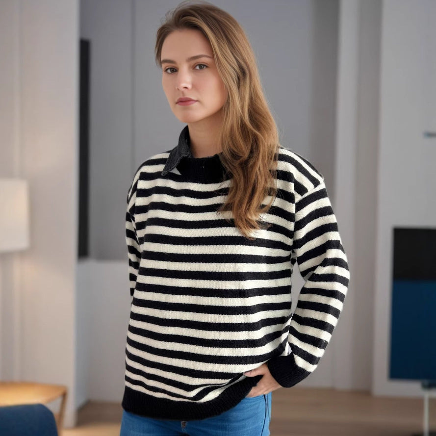 Damen lässiger Pullover mit strukturellem Streifenmuster und modischem Kragen Heidi-Mode