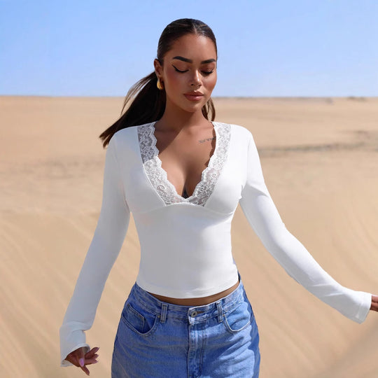 Damen Langärmliges Oberteil mit filigranem Spitzenbesatz Heidi-Mode