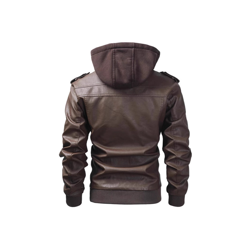 Herren Kunstlederjacke mit abnehmbarer Kapuze und Multifunktions-Taschen Heidi-Mode