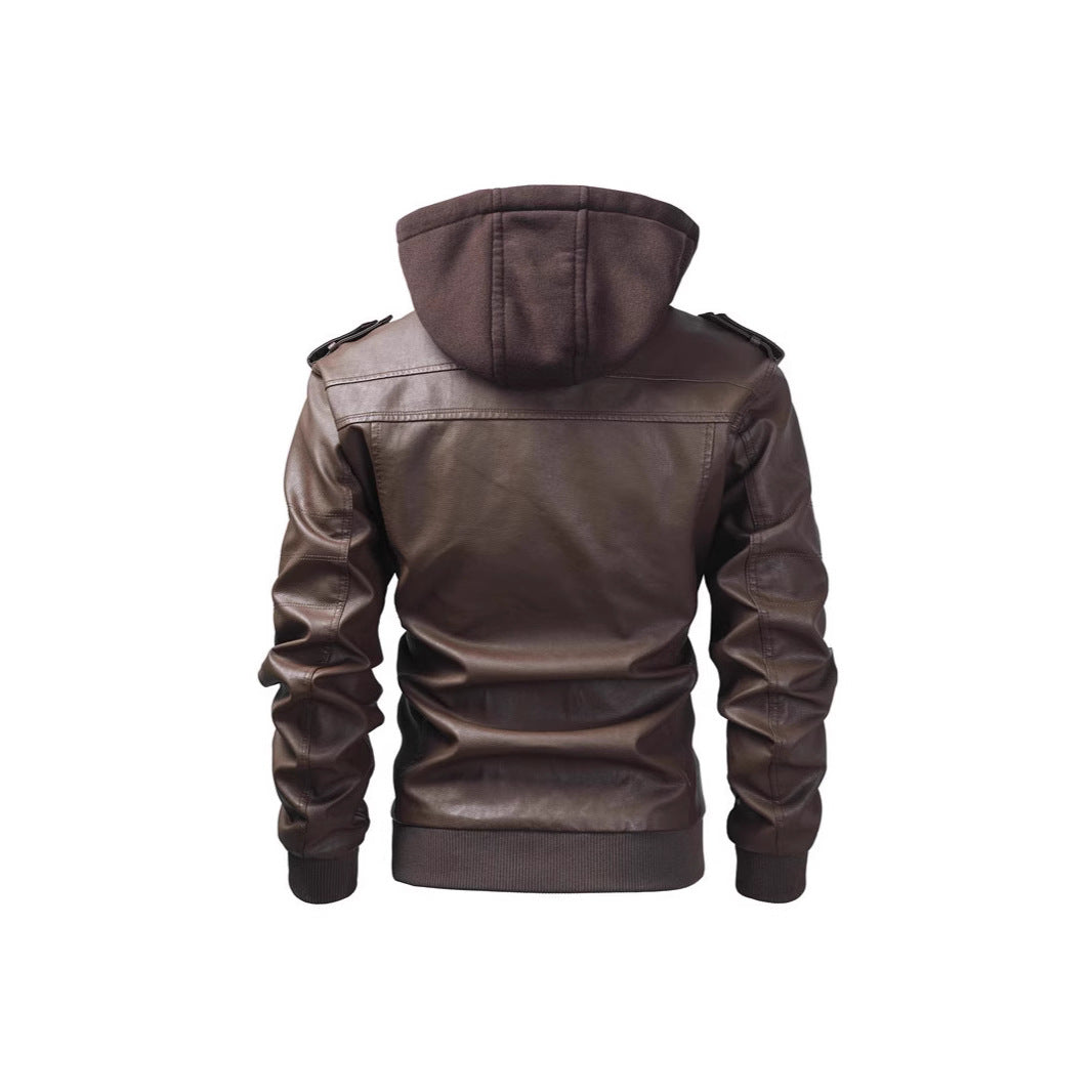 Herren Kunstlederjacke mit abnehmbarer Kapuze und Multifunktions-Taschen Heidi-Mode