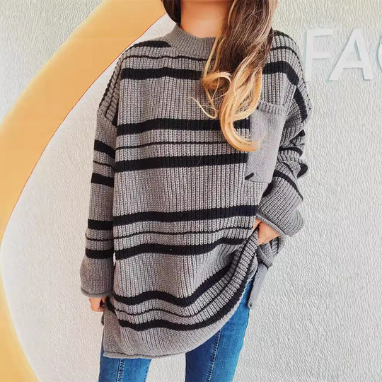 Damen lässiger Strickpullover mit modernem Streifenmuster Heidi-Mode
