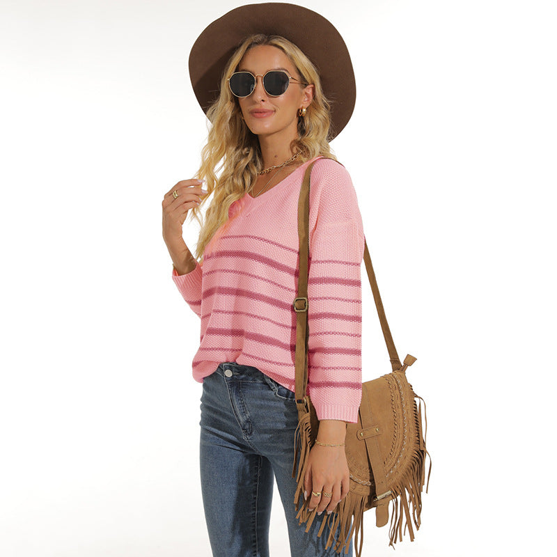 Damen lässiger Pullover mit modernem Streifenmuster und V-Ausschnitt Heidi-Mode