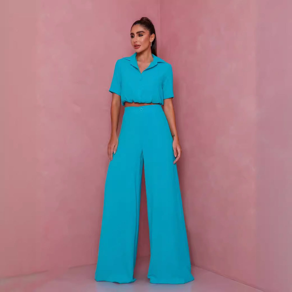 Damen Elegantes Kurzarm-Blusen und Palazzo-Hosen-Ensemble Heidi-Mode