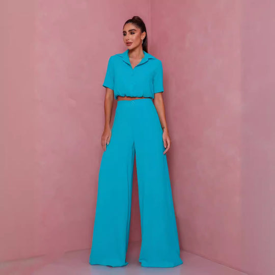 Damen Elegantes Kurzarm-Blusen und Palazzo-Hosen-Ensemble Heidi-Mode