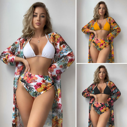 Damen Bikini-Set mit floralem Kimono und hoch taillierten Shorts Heidi-Mode