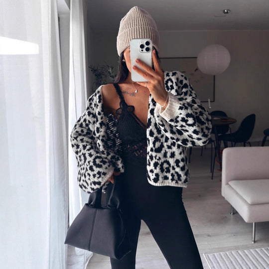 Damen lässige Strickjacke im Leopardenmuster Heidi-Mode